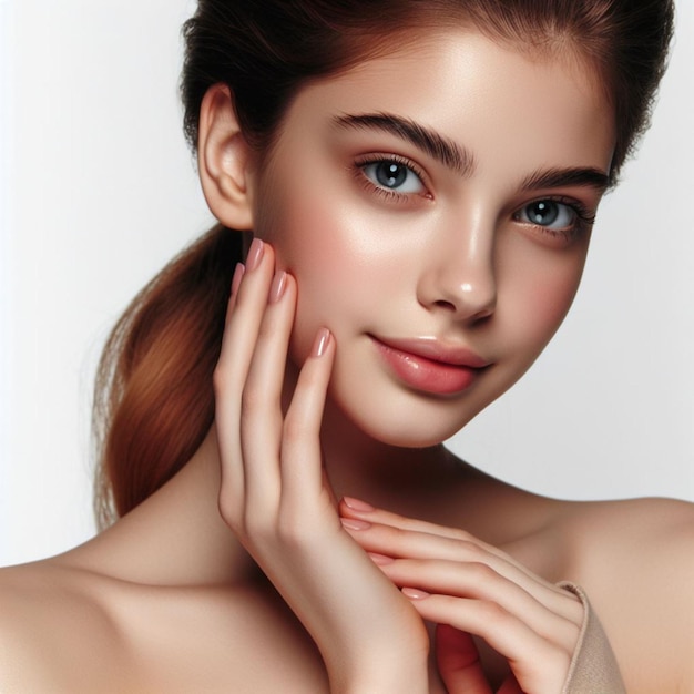 Beautiful face feminine look skin care girl on white background