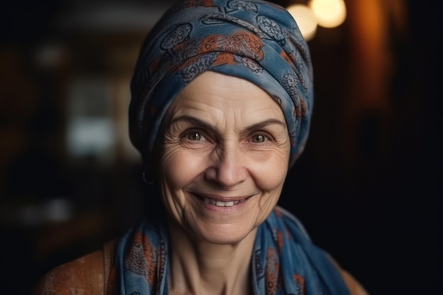 Beautiful face portrait of happy mature middle aged woman in hijab old lady in turban looking at camera with healthy cheerful smile