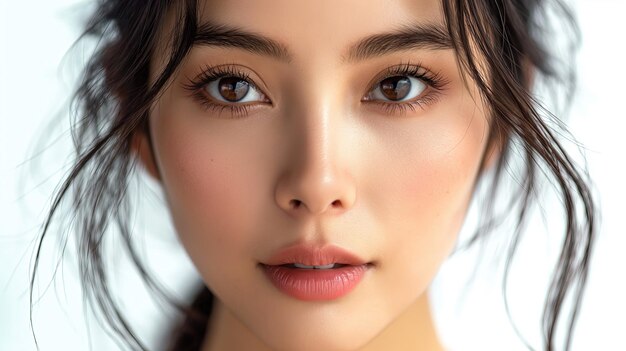 Beautiful Face of Woman cosmetic closeup beauty portrait healthy care skin and hair over beige color