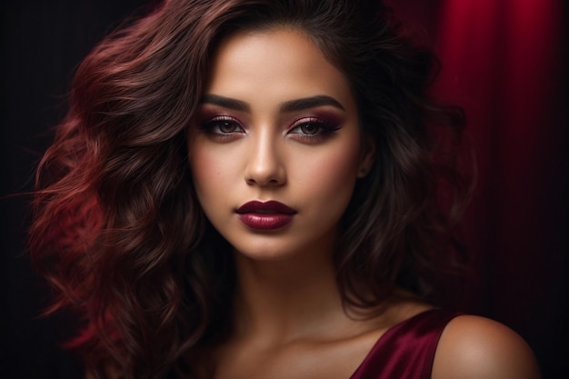 Beautiful face of young woman with maroon makeup