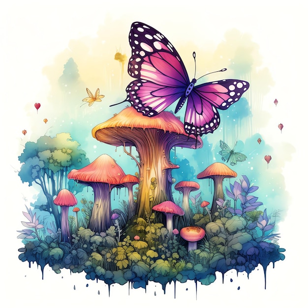 beautiful fairy Enchanted forest with towering trees and glowing mushrooms watercolor fantasy