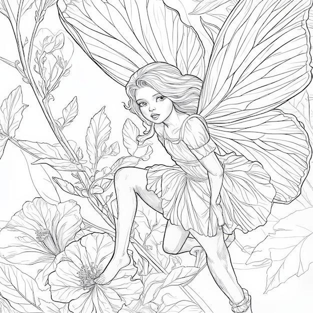 Photo beautiful fairy on a flower background coloring book for adults