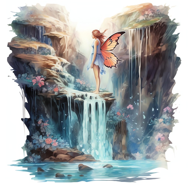 beautiful fairy in Magical waterfall with a hidden cave behind it watercolor fantasy fairytale