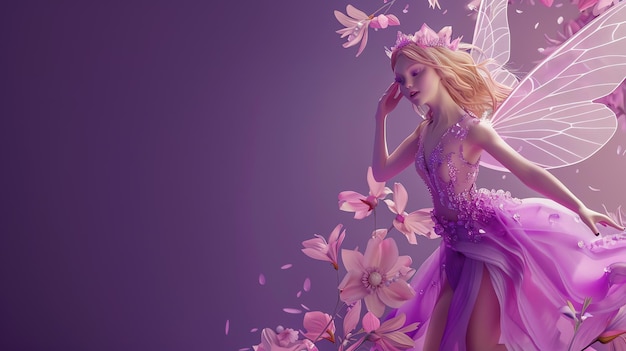 A beautiful fairy in a purple dress with wings flies through a field of pink flowers