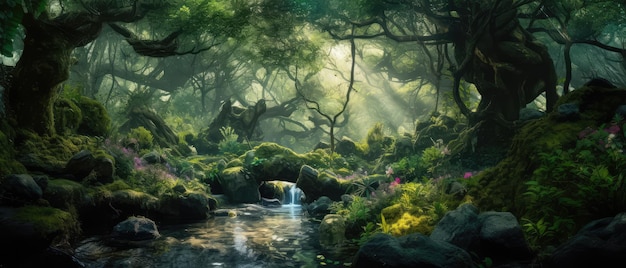 Beautiful fairy tale enchanted forest magical fantasy scenery with big trees and greenery