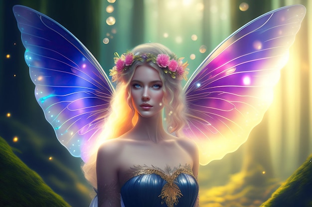 Beautiful fairy with translucent wings in a magical forest Nonexistent person