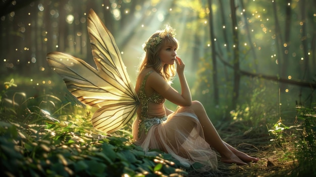 Photo beautiful fairy woman alone with transparent wings in the forest wallpaper ai generated image