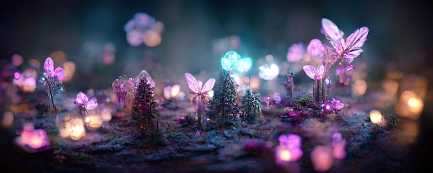 A beautiful fairytale enchanted forest at night made of glittering crystals with trees and colorful vegetation