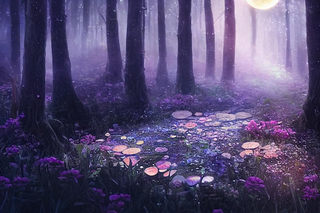 A beautiful fairytale enchanted forest at night with moonlight big trees and pink vegetation