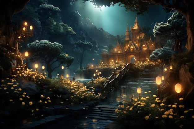 A beautiful fairytale enchanted forest at night