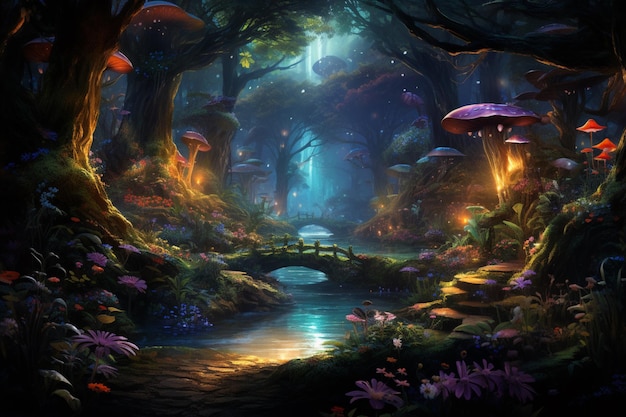 A beautiful fairytale enchanted forest at night