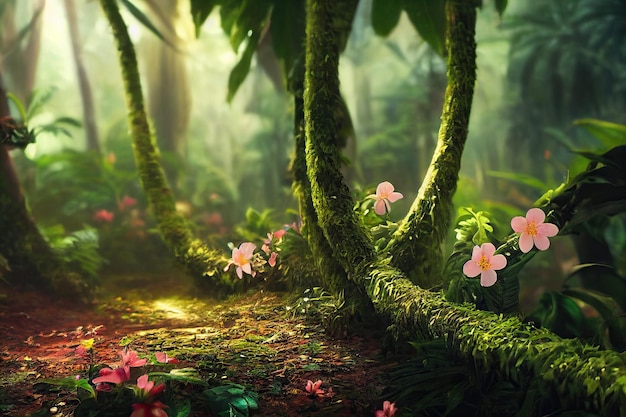 A beautiful fairytale enchanted forest with big trees and great vegetation Digital painting background