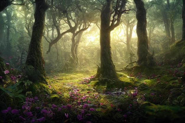 A beautiful fairytale enchanted forest with big trees and great vegetation Digital painting background