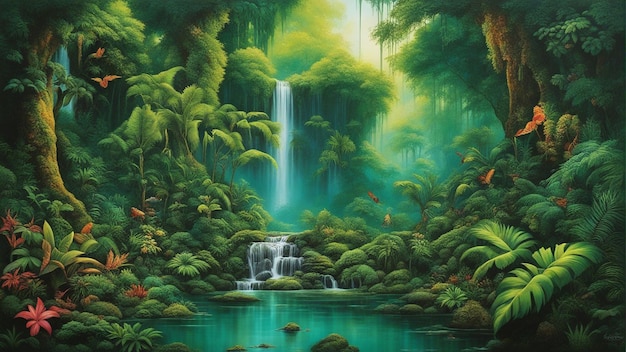 A beautiful fairytale enchanted forest with big trees and water fall vegetation digital painting