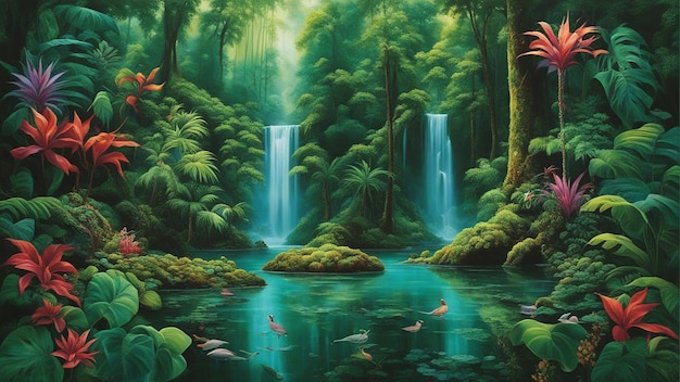 A beautiful fairytale enchanted forest with big trees and water fall vegetation digital painting