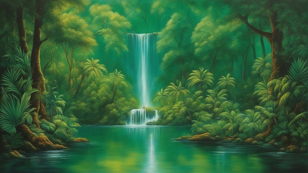 A beautiful fairytale enchanted forest with big trees and water fall vegetation digital painting