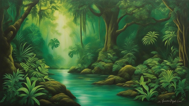 A beautiful fairytale enchanted forest with big trees and water fall vegetation digital painting