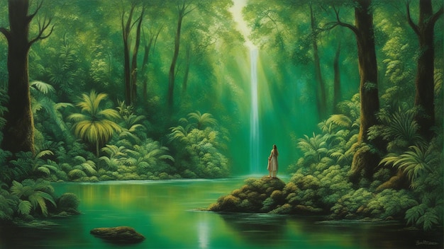 A beautiful fairytale enchanted forest with big trees and water fall vegetation digital painting