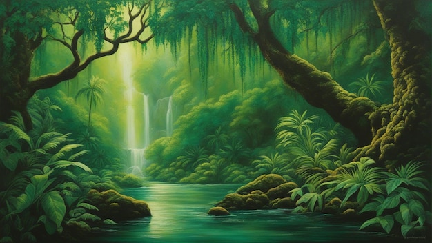 A beautiful fairytale enchanted forest with big trees and water fall vegetation digital painting