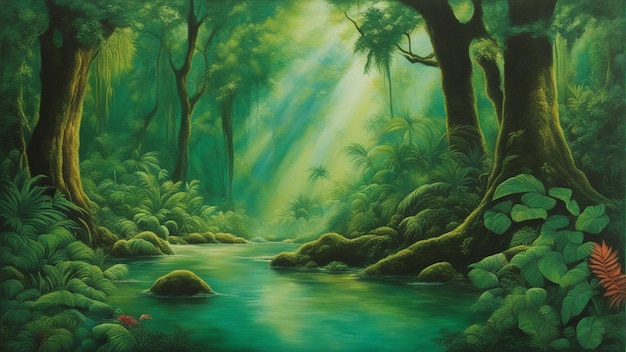 A beautiful fairytale enchanted forest with big trees and water fall vegetation digital painting