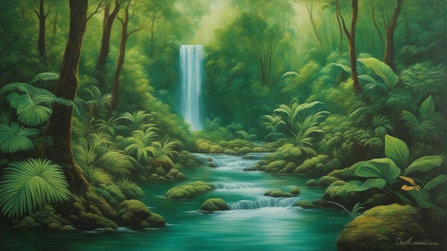 A beautiful fairytale enchanted forest with big trees and water fall vegetation digital painting