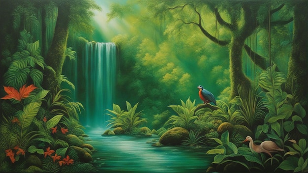 A beautiful fairytale enchanted forest with big trees and water fall vegetation digital painting