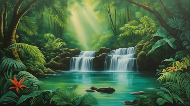 A beautiful fairytale enchanted forest with big trees and water fall vegetation digital painting