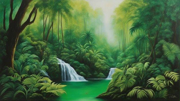 A beautiful fairytale enchanted forest with big trees and water fall vegetation digital painting