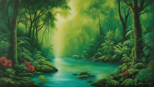 A beautiful fairytale enchanted forest with big trees and water fall vegetation digital painting