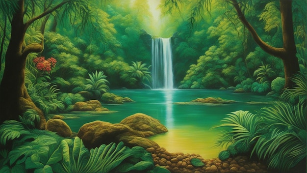 A beautiful fairytale enchanted forest with big trees and water fall vegetation digital painting