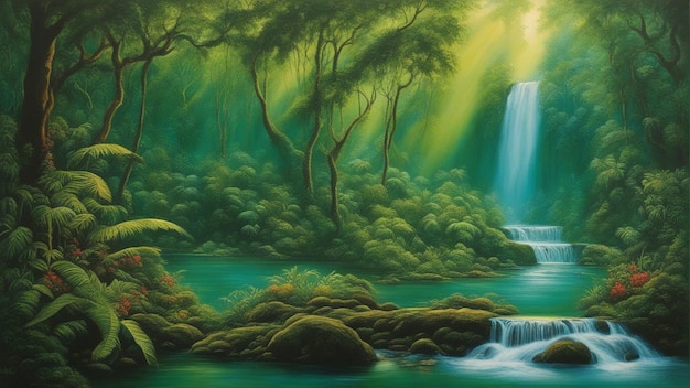 A beautiful fairytale enchanted forest with big trees and water fall vegetation digital painting