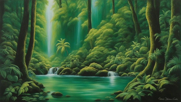 A beautiful fairytale enchanted forest with big trees and water fall vegetation digital painting