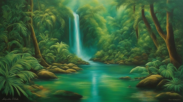 A beautiful fairytale enchanted forest with big trees and water fall vegetation digital painting