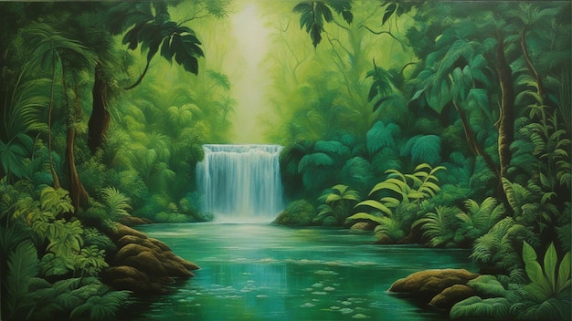 A beautiful fairytale enchanted forest with big trees and water fall vegetation digital painting