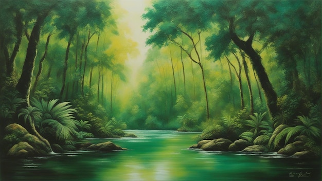 A beautiful fairytale enchanted forest with big trees and water fall vegetation digital painting