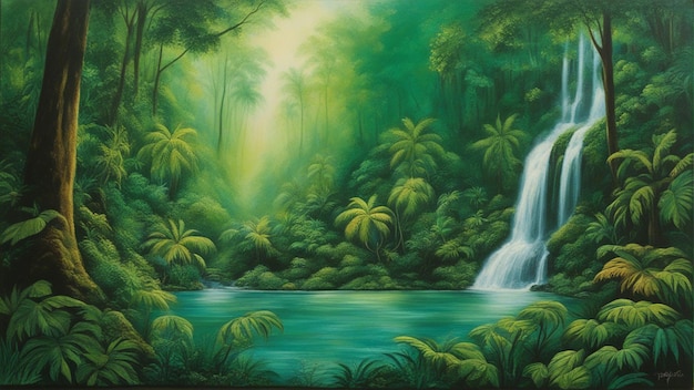 A beautiful fairytale enchanted forest with big trees and water fall vegetation digital painting