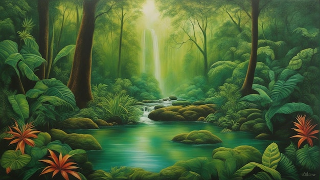 A beautiful fairytale enchanted forest with big trees and water fall vegetation digital painting