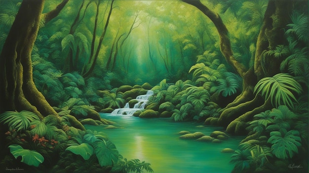 A beautiful fairytale enchanted forest with big trees and water fall vegetation digital painting