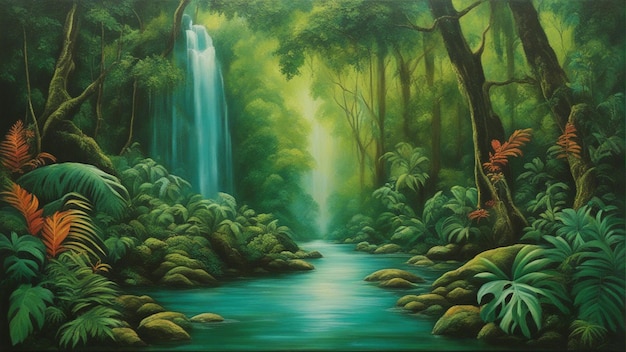 A beautiful fairytale enchanted forest with big trees and water fall vegetation digital painting