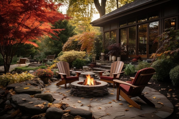 Beautiful fall garden residential backyard with outdoor chairs and firepit with flame cozy autumn