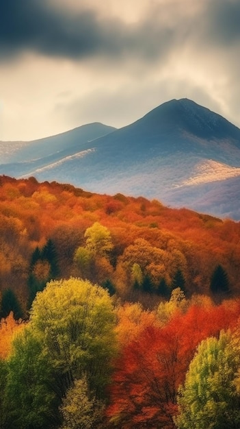 A beautiful fall landscape with a mountain in the background.