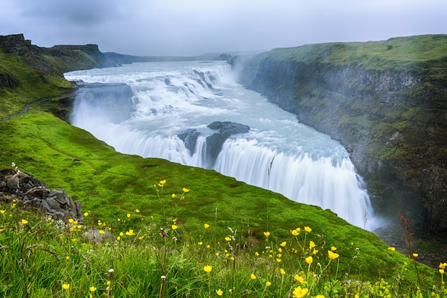 Beautiful and famous Gullfoss waterfall, Golden circle route in Iceland, Summertime