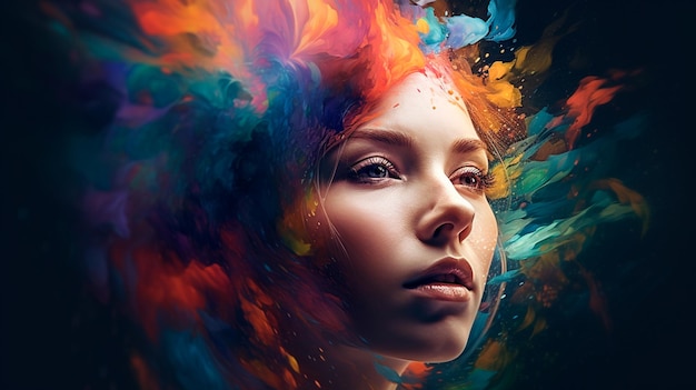 Beautiful fantasy abstract portrait of a beautiful woman double exposure with a colorful digital paint splash or space nebula Generative AI