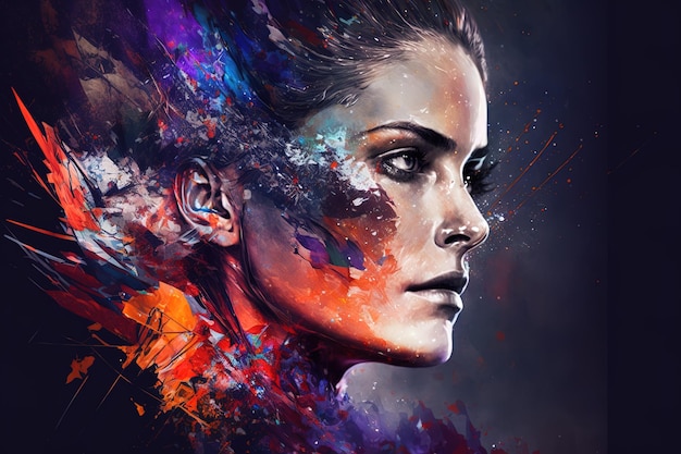 Beautiful fantasy abstract portrait of a beautiful woman double exposure with a colorful digital paint splash or space nebula generative AI