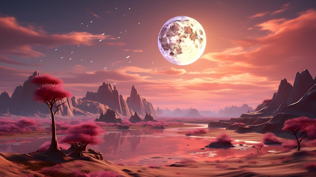 beautiful fantasy alien planet Desert landscape with pink trees and blue sky in 3d render