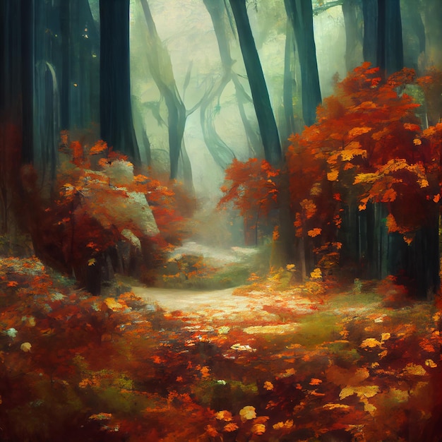 A beautiful fantasy autumn forest digital illustration