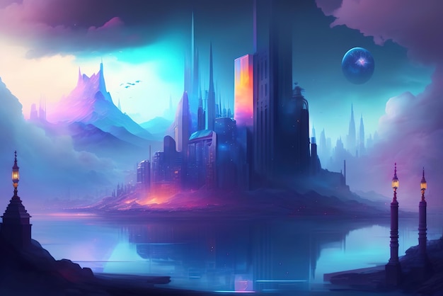 Beautiful fantasy city in blueviolet colors