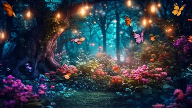 Beautiful fantasy enchanted forest with butterflies