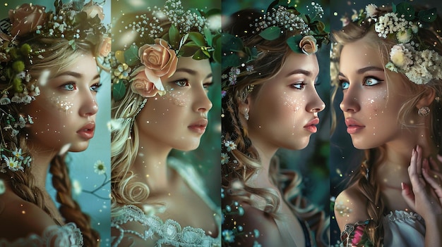 Beautiful fantasy fairy tale elf woman princess portrait collection set wallpaper AI generated image