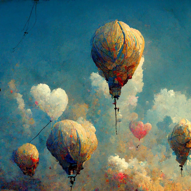 Beautiful fantasy hot air balloons against a blue sky and clouds